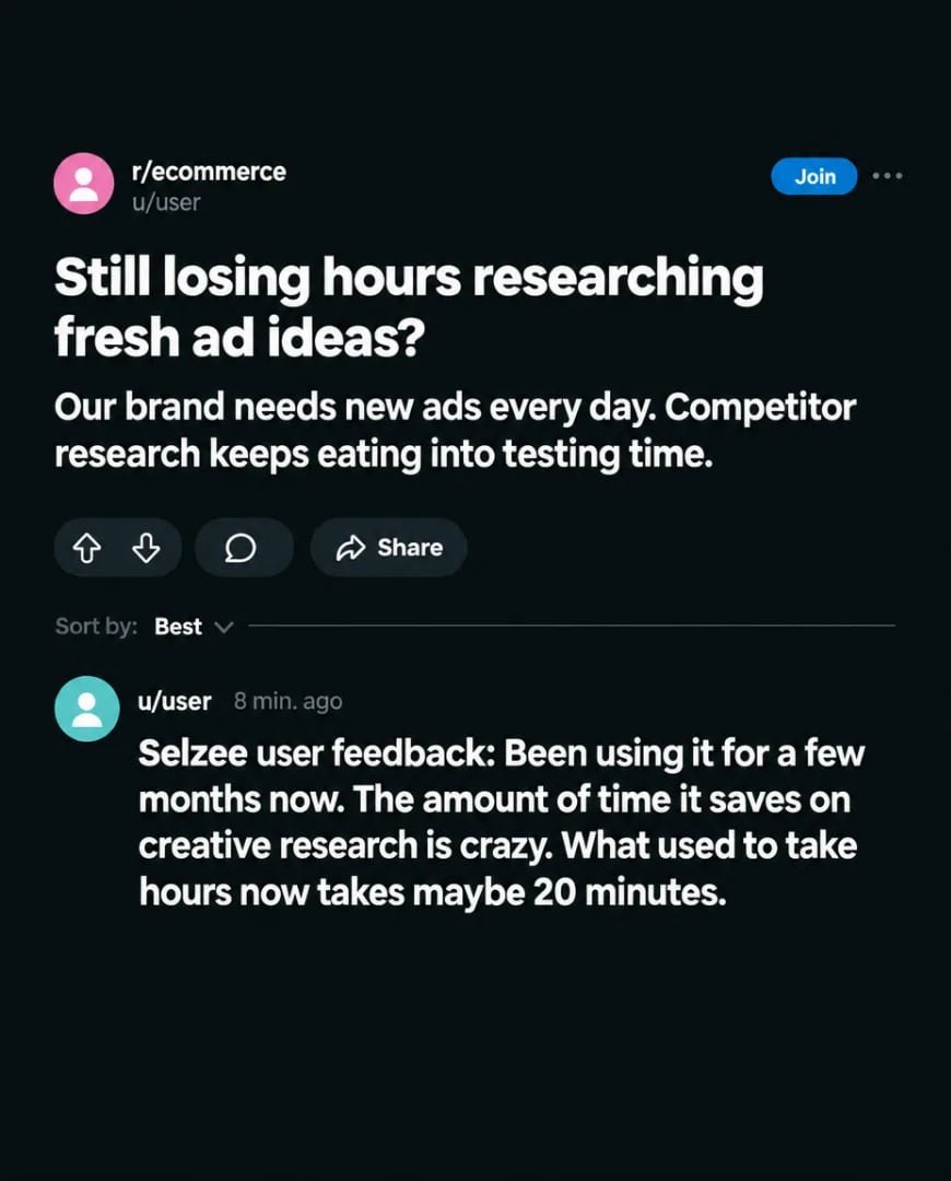 A Selzee ad made as an ecommerce forum post about losing hours on ad research