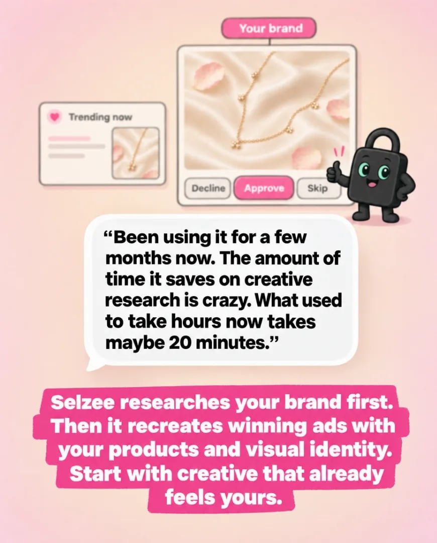 A pink Selzee ad with Selzy giving a thumbs-up beside a customer quote about saved research time