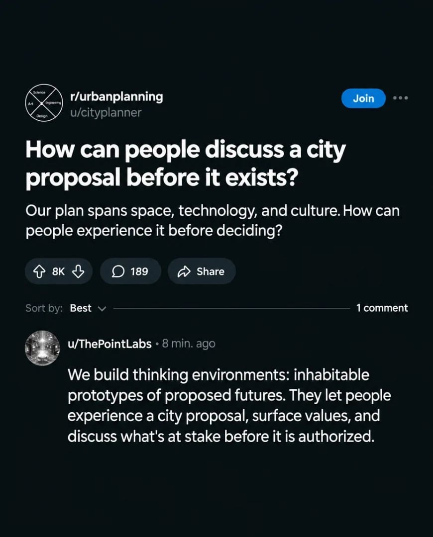 A Selzee ad for The Point Labs made as a dark discussion thread with one reply