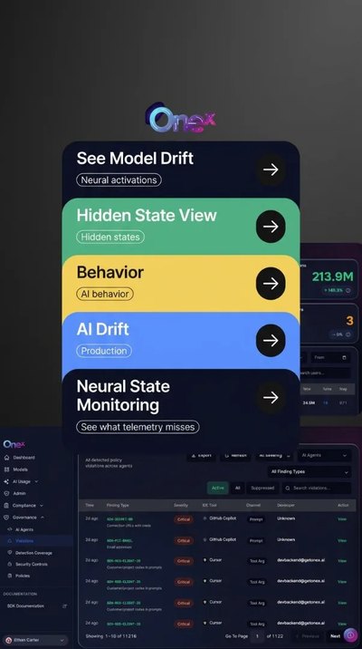 A vertical Selzee ad for Onex with stacked cards over a dashboard of AI policy alerts