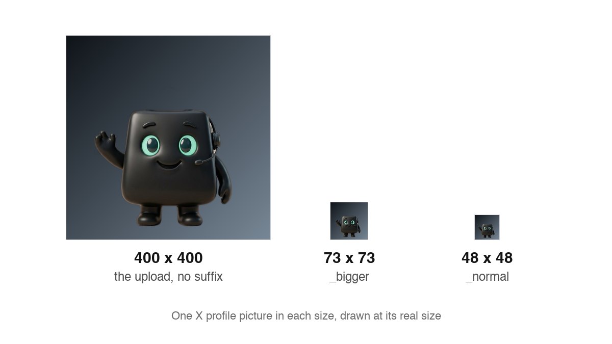 The 400, 73 and 48 pixel files of one X avatar side by side, each drawn at its real size