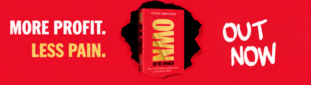 The safe area of Codie Sanchez's banner: a book cover and the words More profit, less pain, out now