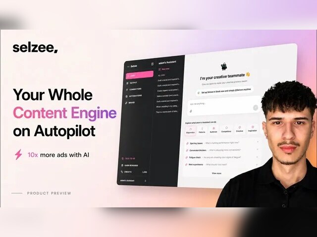 A Selzee graphic: Your whole content engine on autopilot, with a product screenshot