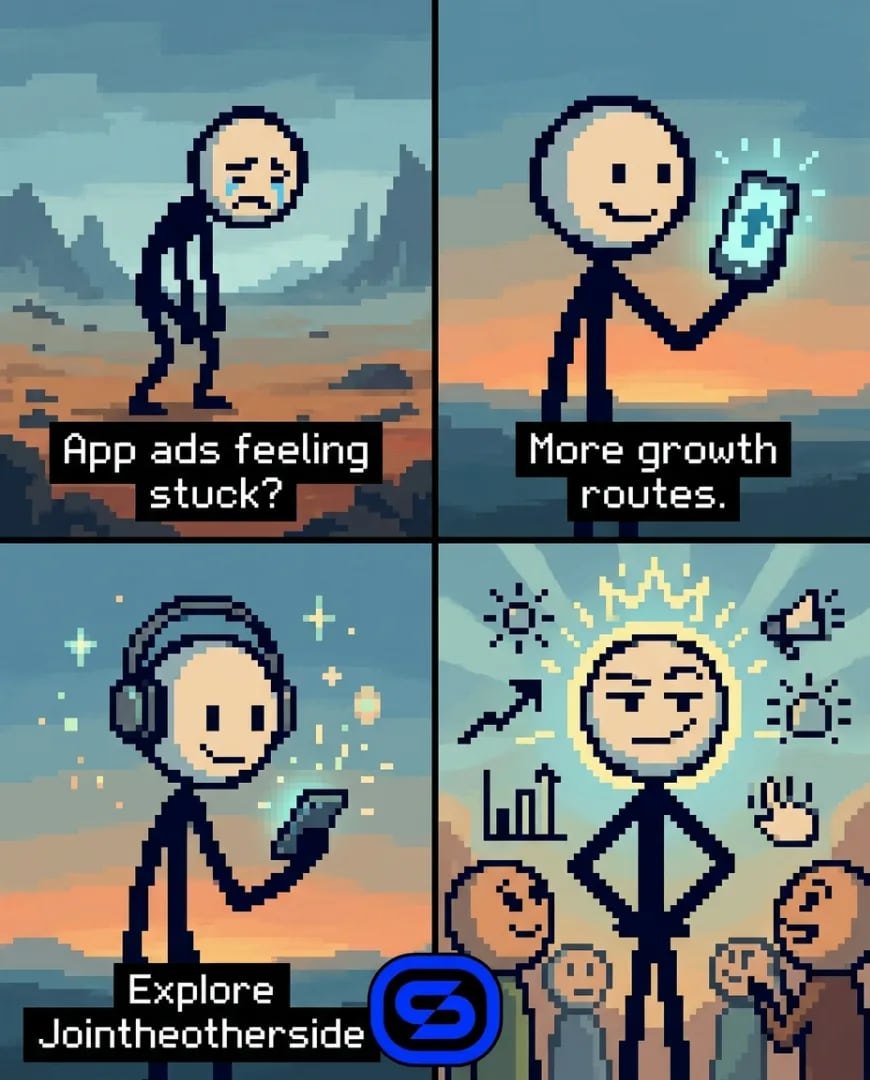 A Selzee ad for Jointheotherside drawn as a four-panel pixel art story