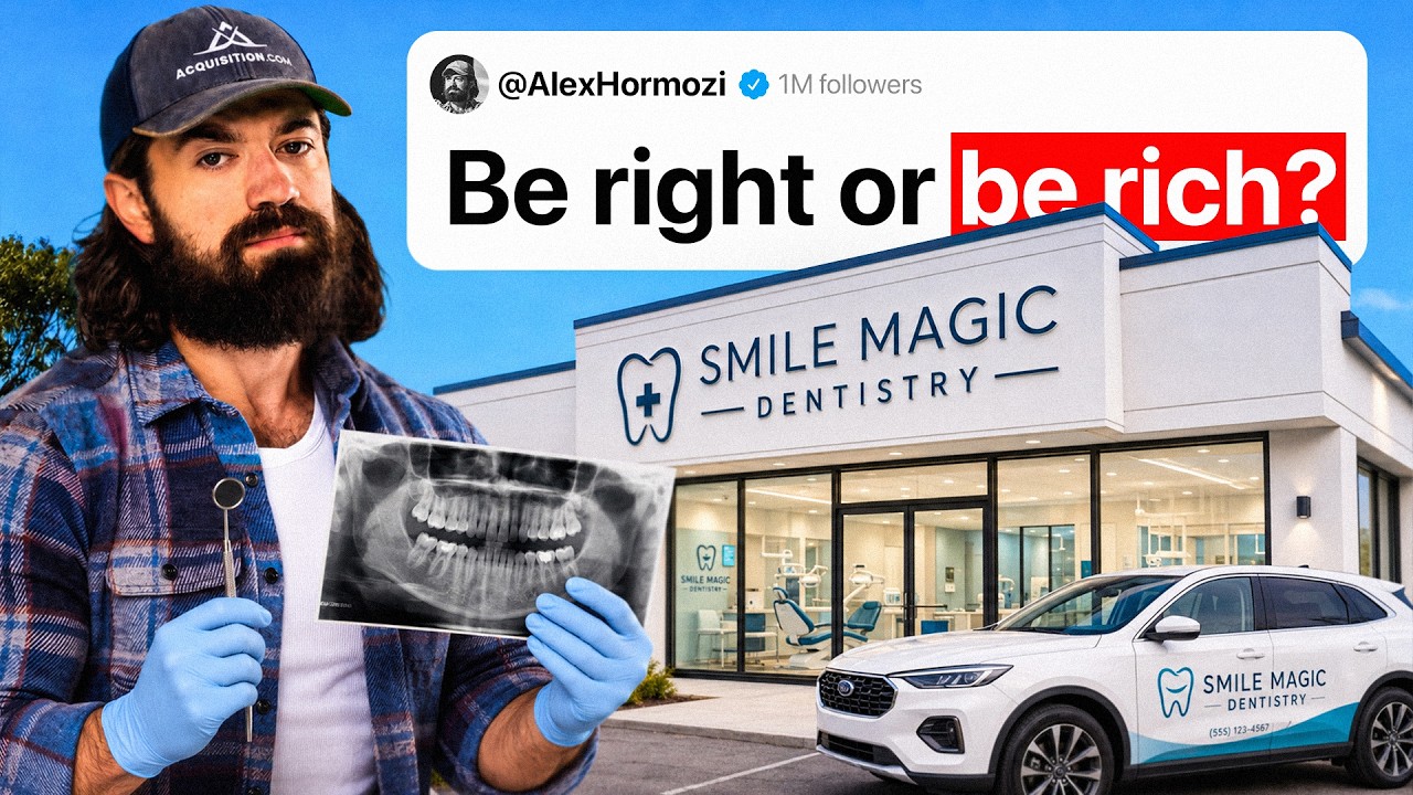 Alex Hormozi thumbnail: a man in a cap holding a dental X-ray outside Smile Magic Dentistry, under the words Be right or be rich?