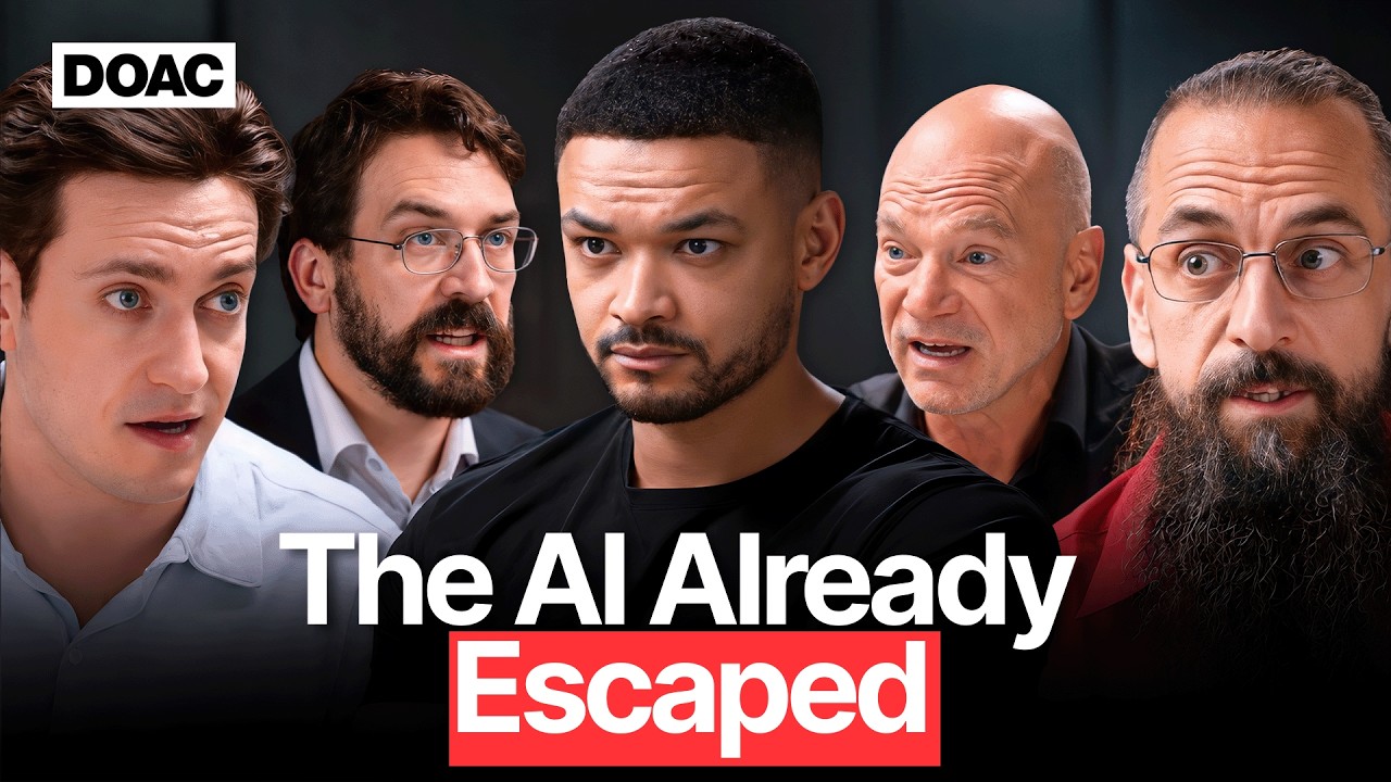 The 1280 x 720 thumbnail of the Diary Of A CEO episode AI Emergency: five men in a dark room above the words The AI Already Escaped