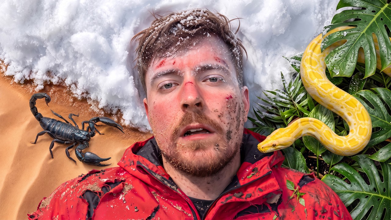 MrBeast's thumbnail: a man with a muddy, scraped face in a red jacket, half in snow and half in sand, beside a scorpion and a yellow python