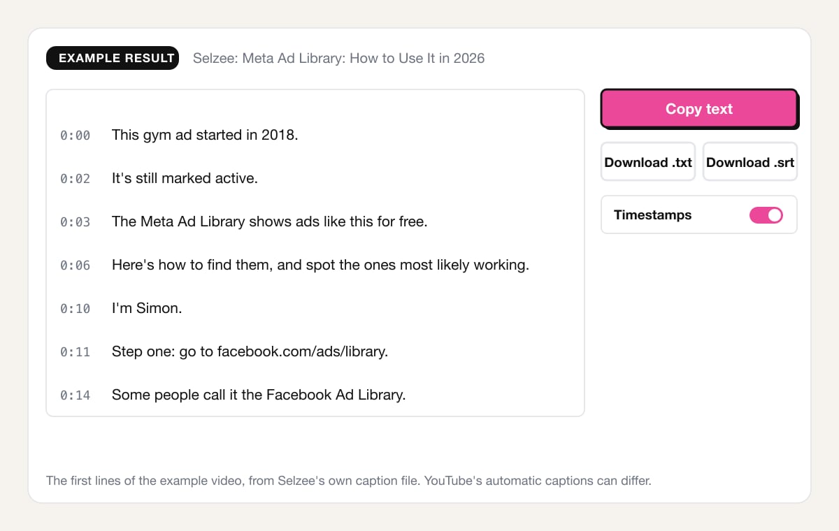 An example result of the YouTube transcript extractor: the first seven lines of Selzee's video Meta Ad Library: How to Use It in 2026, each with its start time, beside Copy text, Download .txt, Download .srt and the Timestamps switch