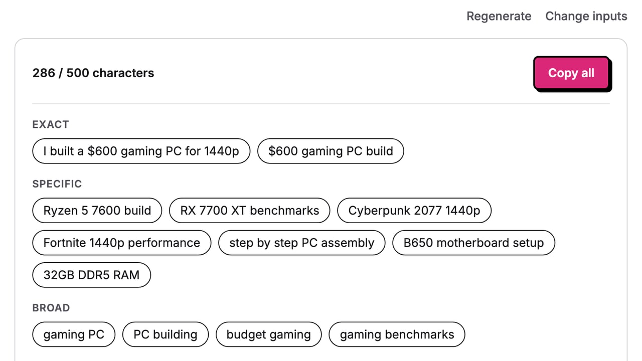 Tags the generator wrote for a budget gaming PC build video, grouped from specific to broad