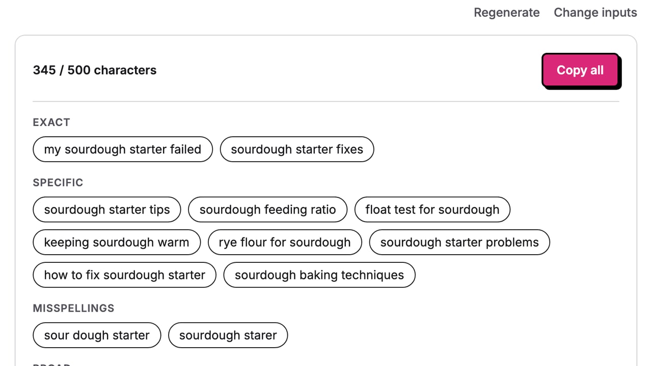 Tags the generator wrote for a video about fixing a sourdough starter, grouped from specific to broad